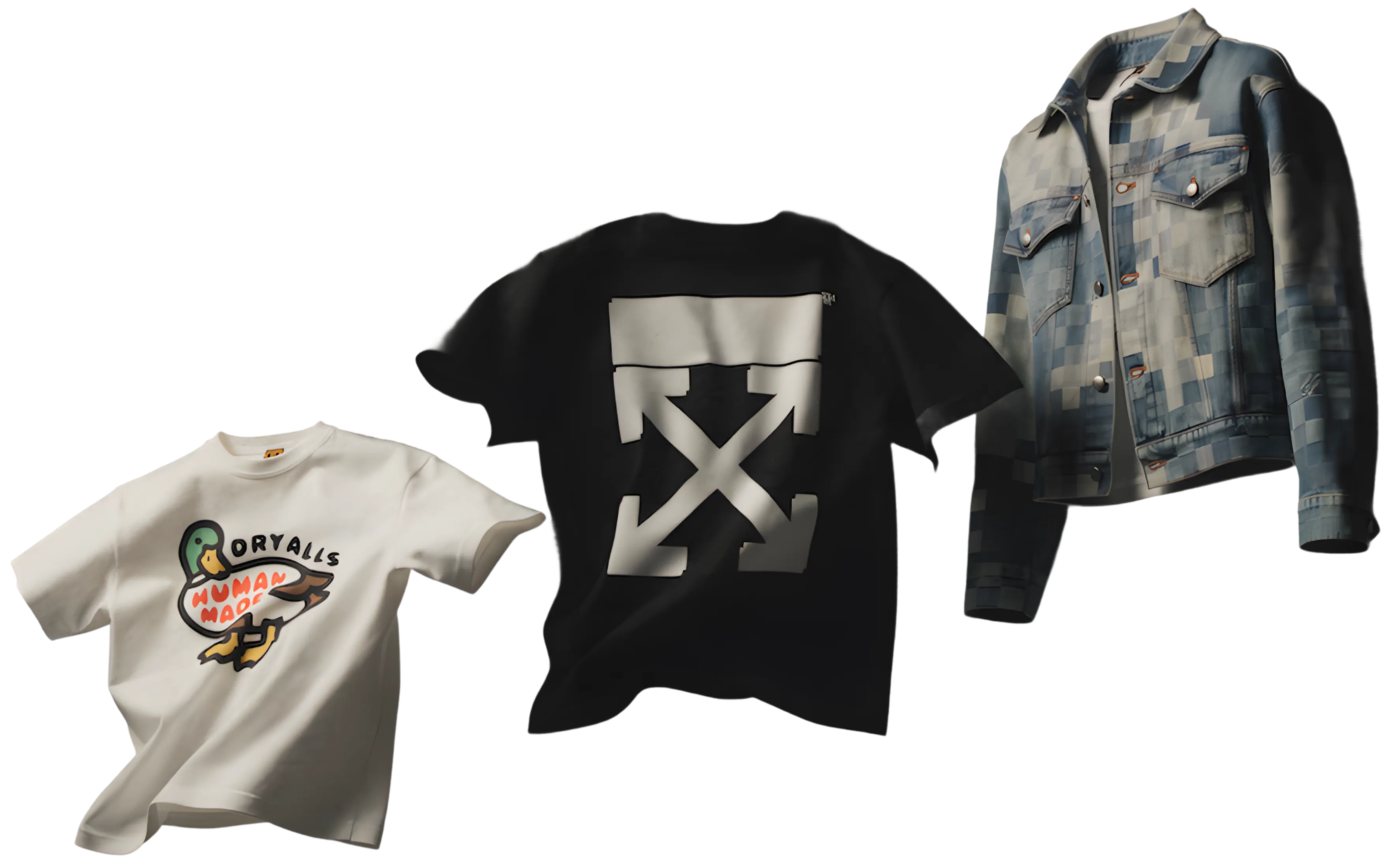 Authentic streetwear pieces including Human Made, Off-White, and Denim Tears verified by Legitmark